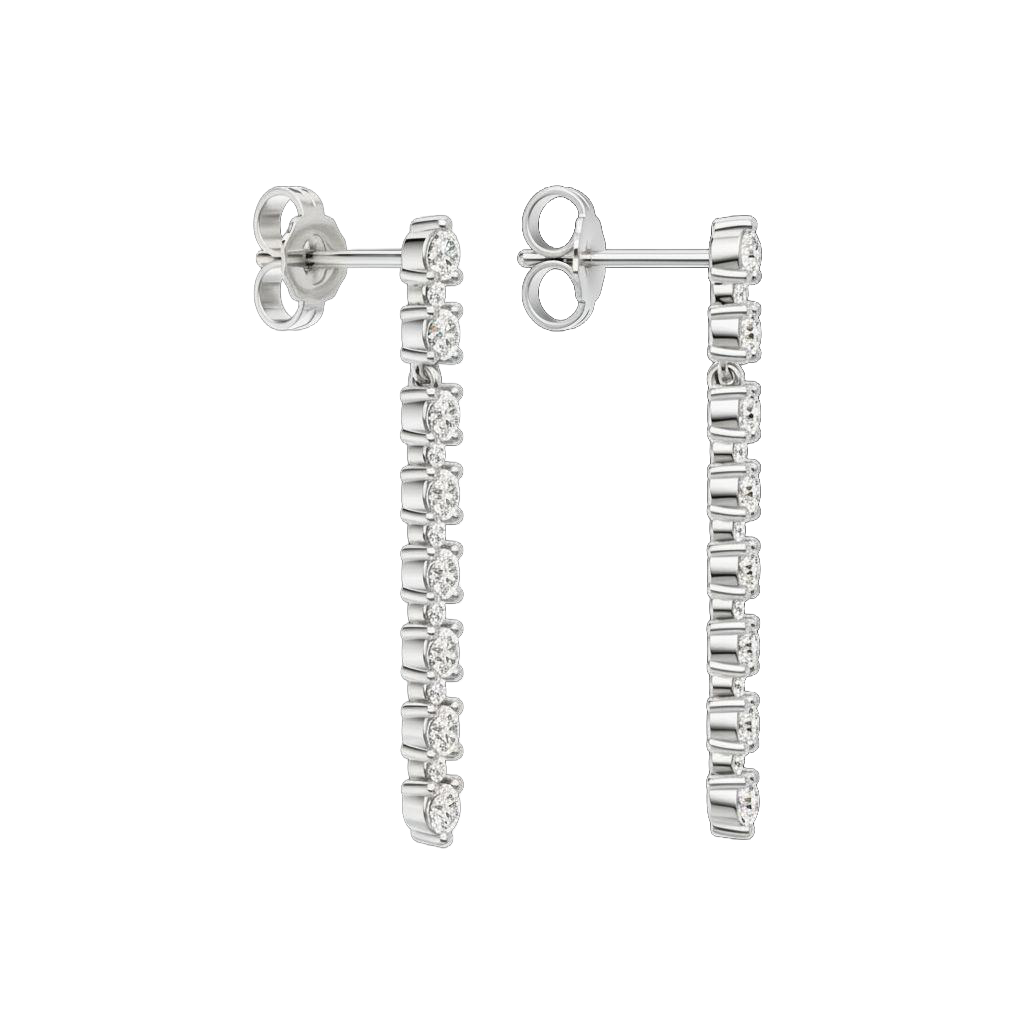An angled view of a 14K white gold vertical drop earring, highlighting the linear design and sparkle.
