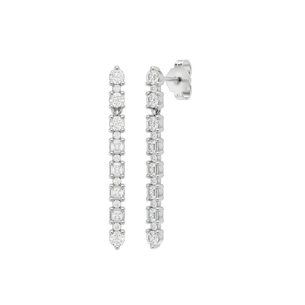 A front and angled view of the 14K white gold drop earring. Highlights the continuous, brilliant line of diamonds.