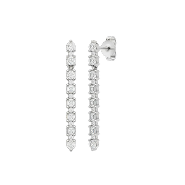 A front and angled view of the 14K white gold drop earring. Highlights the continuous, brilliant line of diamonds.