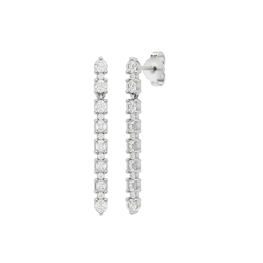 A front and angled view of the 14K white gold drop earring. Highlights the continuous, brilliant line of diamonds.