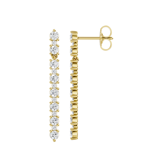 A front and side profile view of a 14K yellow gold vertical drop earring, showing the sleek design and a continuous line of diamonds.