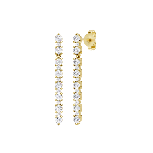 A front and angled view of the 14K yellow gold drop earring. Highlights the continuous, brilliant line of diamonds.