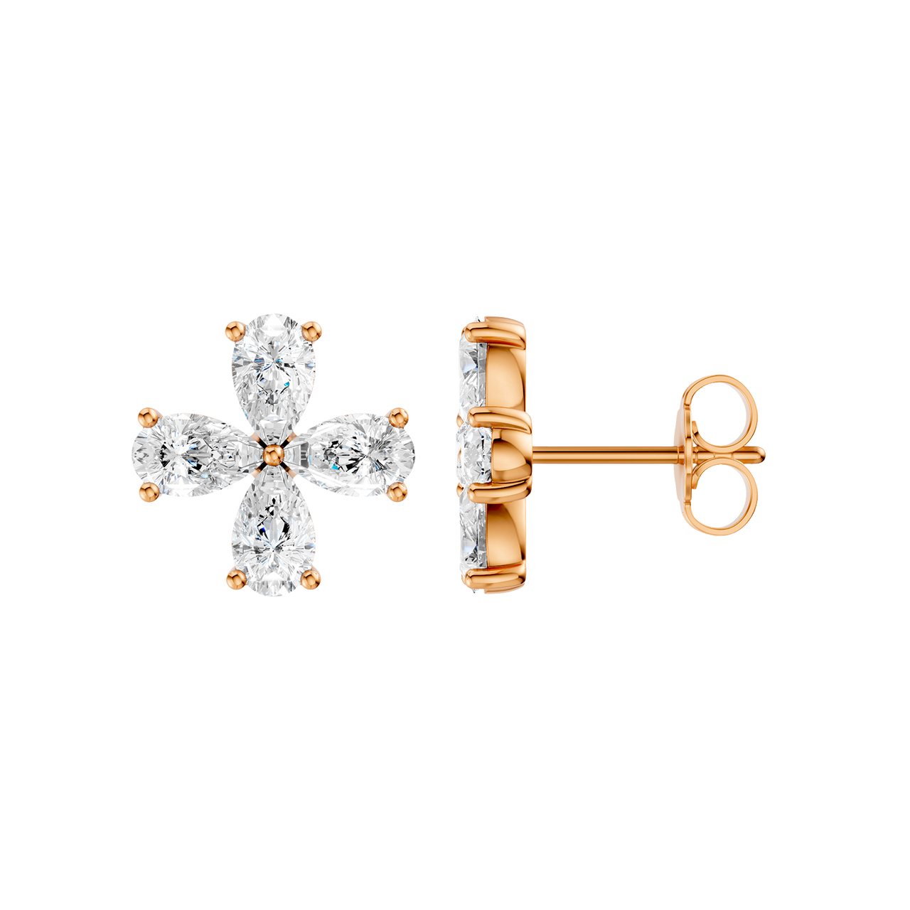 Front and side view of a rose gold flower stud earring featuring four pear-cut diamonds.