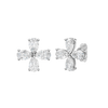 A front-facing product shot of a pair of white gold or platinum flower stud earrings.