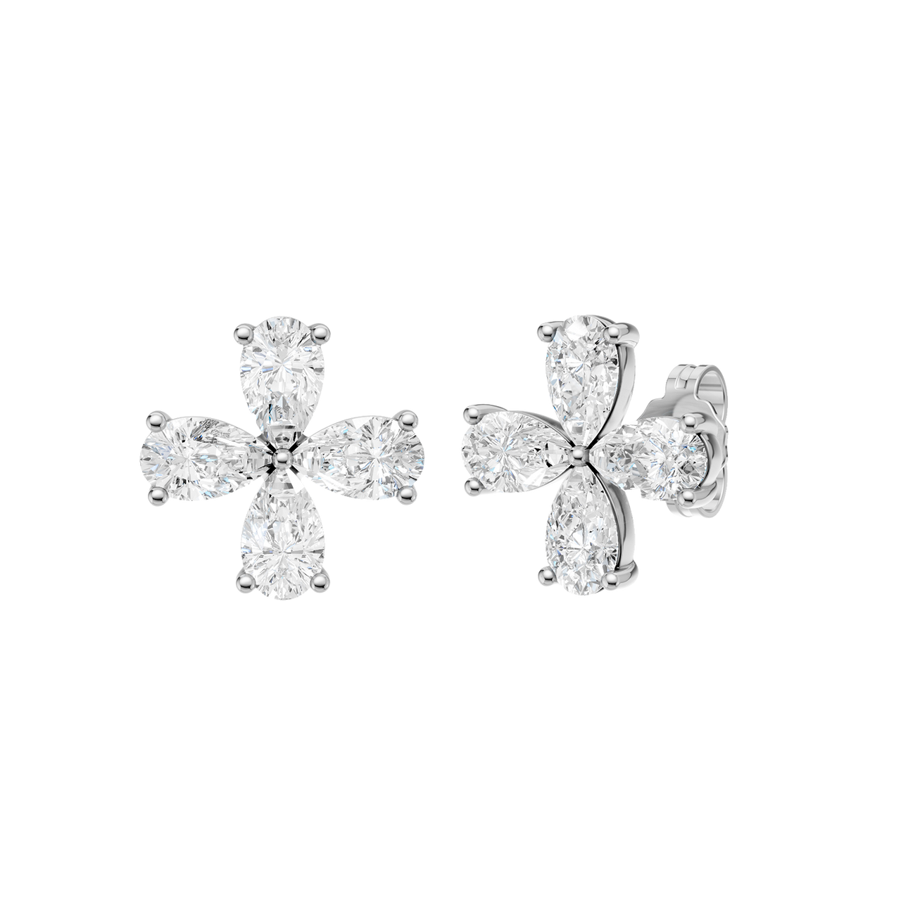 A front-facing product shot of a pair of white gold or platinum flower stud earrings.