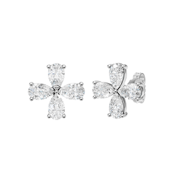 A front-facing product shot of a pair of white gold or platinum flower stud earrings.