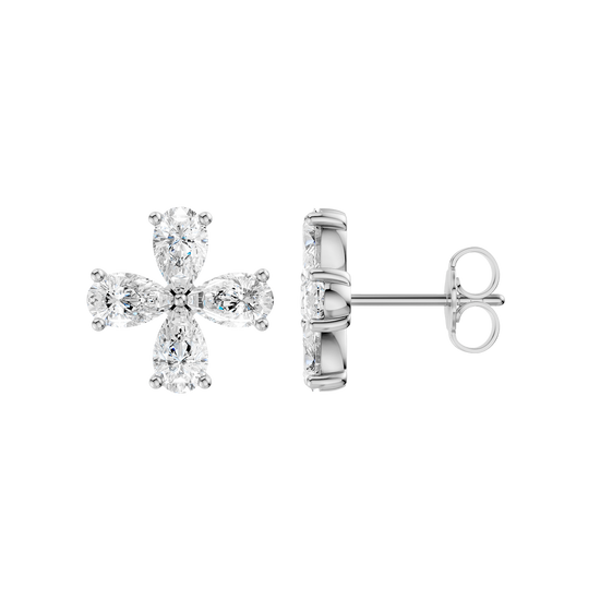 Front and side view of a white gold flower stud earring featuring four pear-cut diamonds.