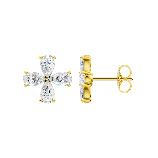 Front and side view of a yellow gold flower stud earring featuring four pear-cut diamonds.