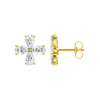 Front and side view of a yellow gold flower stud earring featuring four pear-cut diamonds.