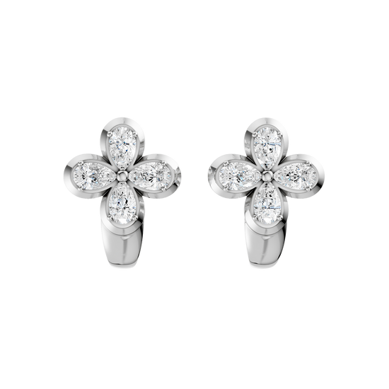 Front view of white gold floral diamond huggie earrings featuring marquise-cut white diamonds arranged in a four-petal flower design with a sleek huggie silhouette.