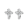 Front view of white gold floral diamond huggie earrings featuring marquise-cut white diamonds arranged in a four-petal flower design with a sleek huggie silhouette.