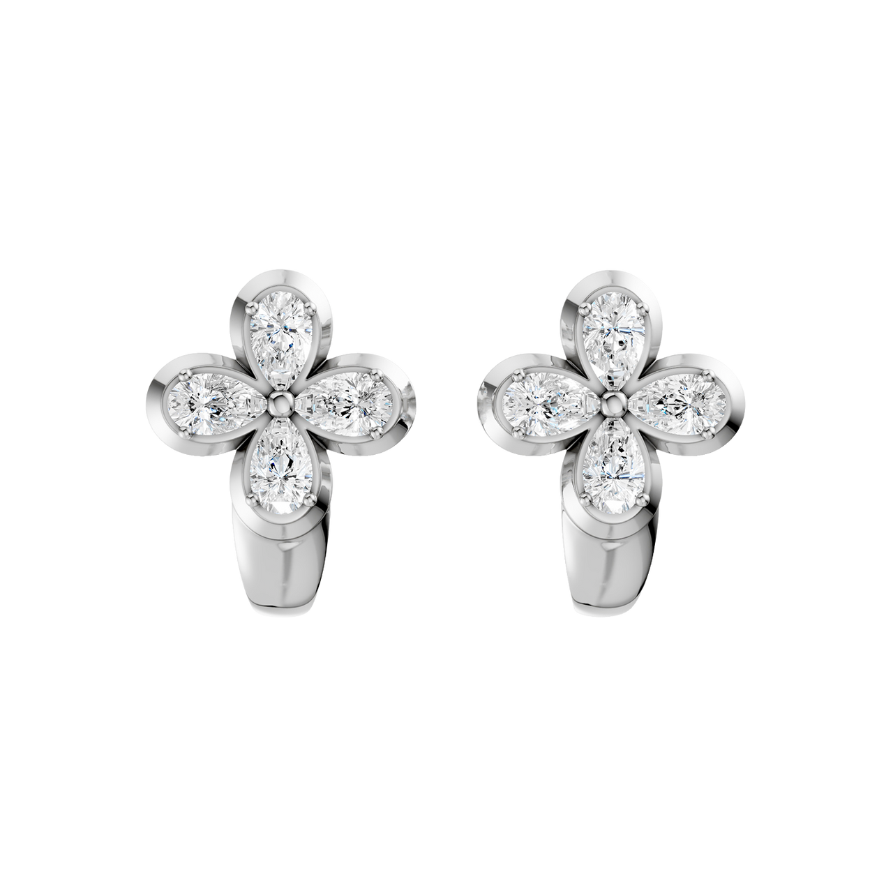 Front view of white gold floral diamond huggie earrings featuring marquise-cut white diamonds arranged in a four-petal flower design with a sleek huggie silhouette.