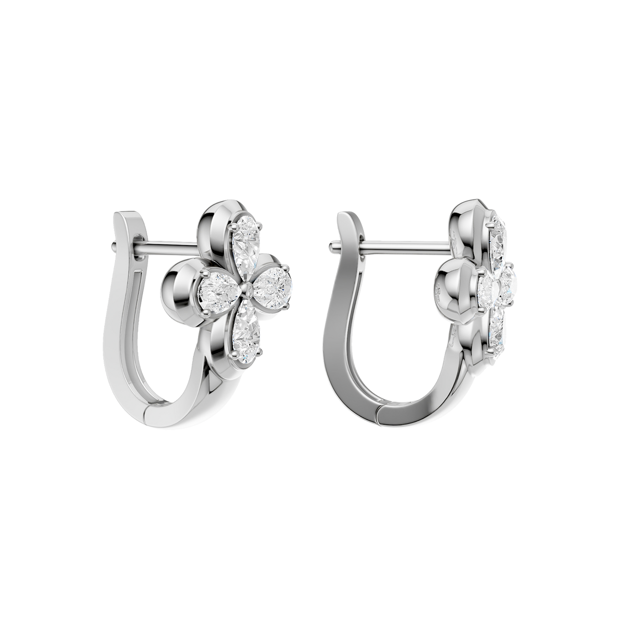 Back view of white-gold floral diamond huggie earrings, showcasing smooth, polished metal, a hinge mechanism, and clean construction.