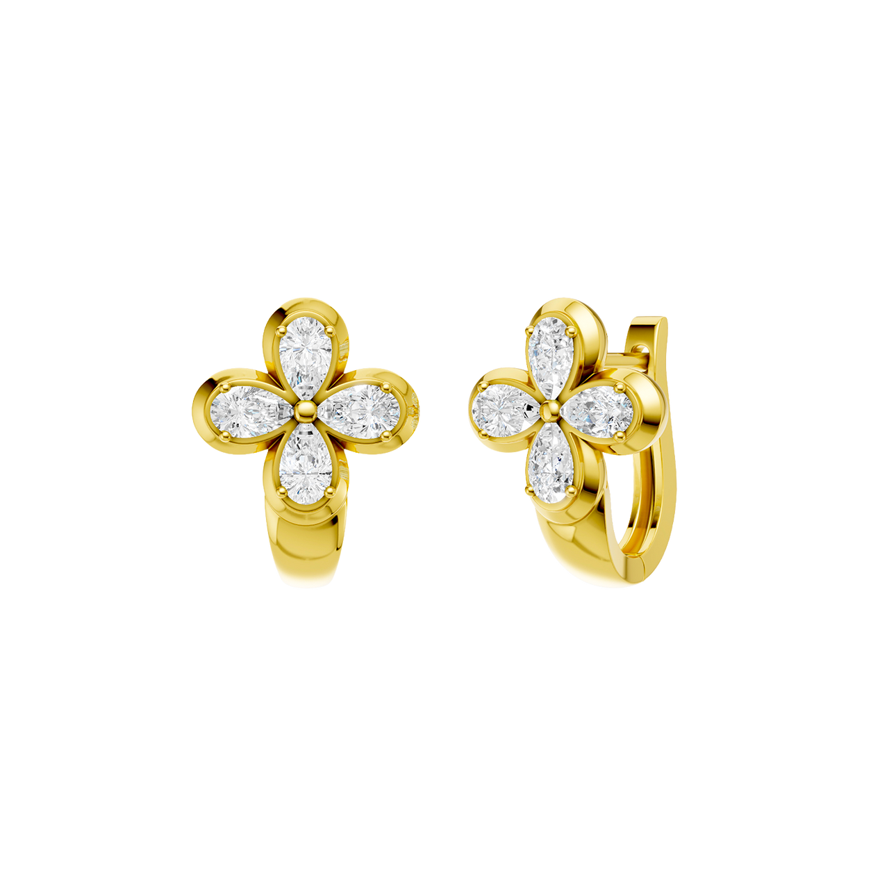 Angled view of yellow gold floral diamond huggie earrings highlighting warm gold tones, dimensional flower detailing, and diamond sparkle.