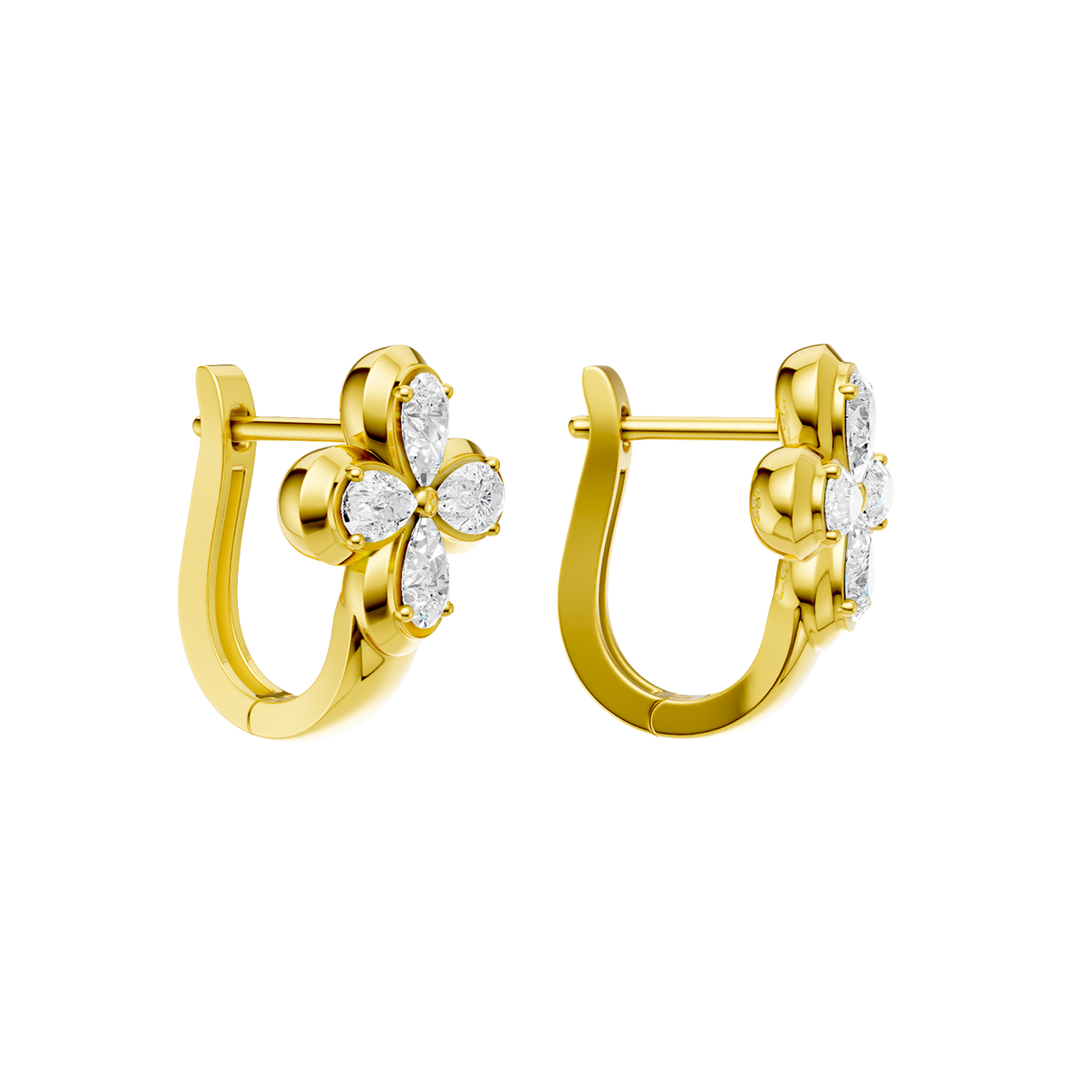 Back view of yellow gold floral diamond huggie earrings displaying polished gold metal, hinge detail, and clean structural design.