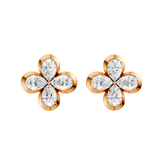 Front view of rose gold floral diamond stud earrings featuring marquise-cut white diamonds arranged in a four-petal flower design with a classic prong-set center.