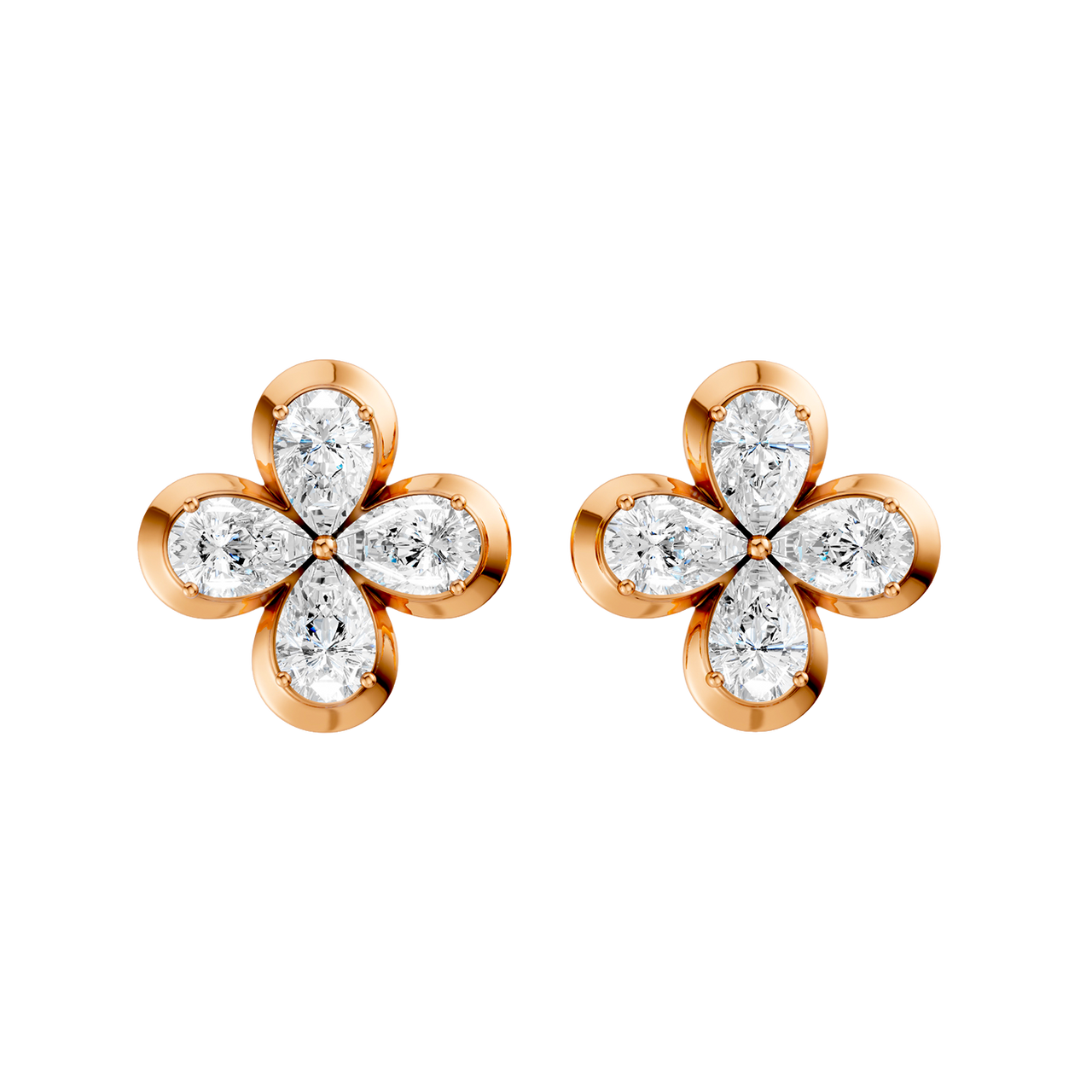 Front view of rose gold floral diamond stud earrings featuring marquise-cut white diamonds arranged in a four-petal flower design with a classic prong-set center.