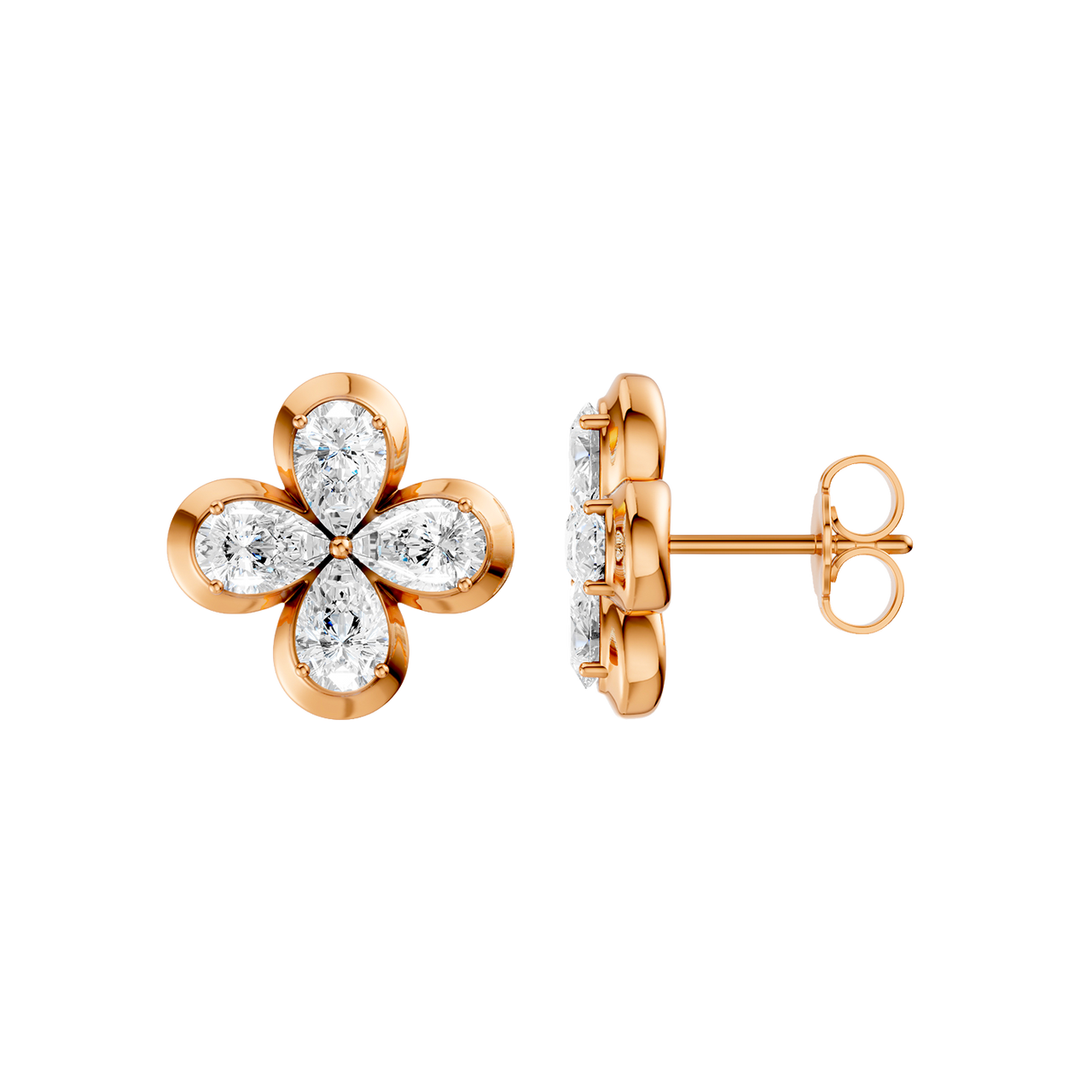 Side profile of rose gold floral diamond stud earrings showcasing the raised prong setting, secure post, and prong-back construction, and refined craftsmanship.