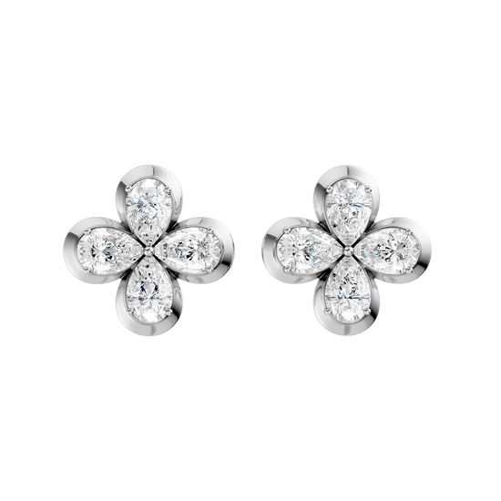 Front view of white gold floral diamond stud earrings featuring marquise-cut white diamonds arranged in a four-petal flower design with a classic prong-set center.