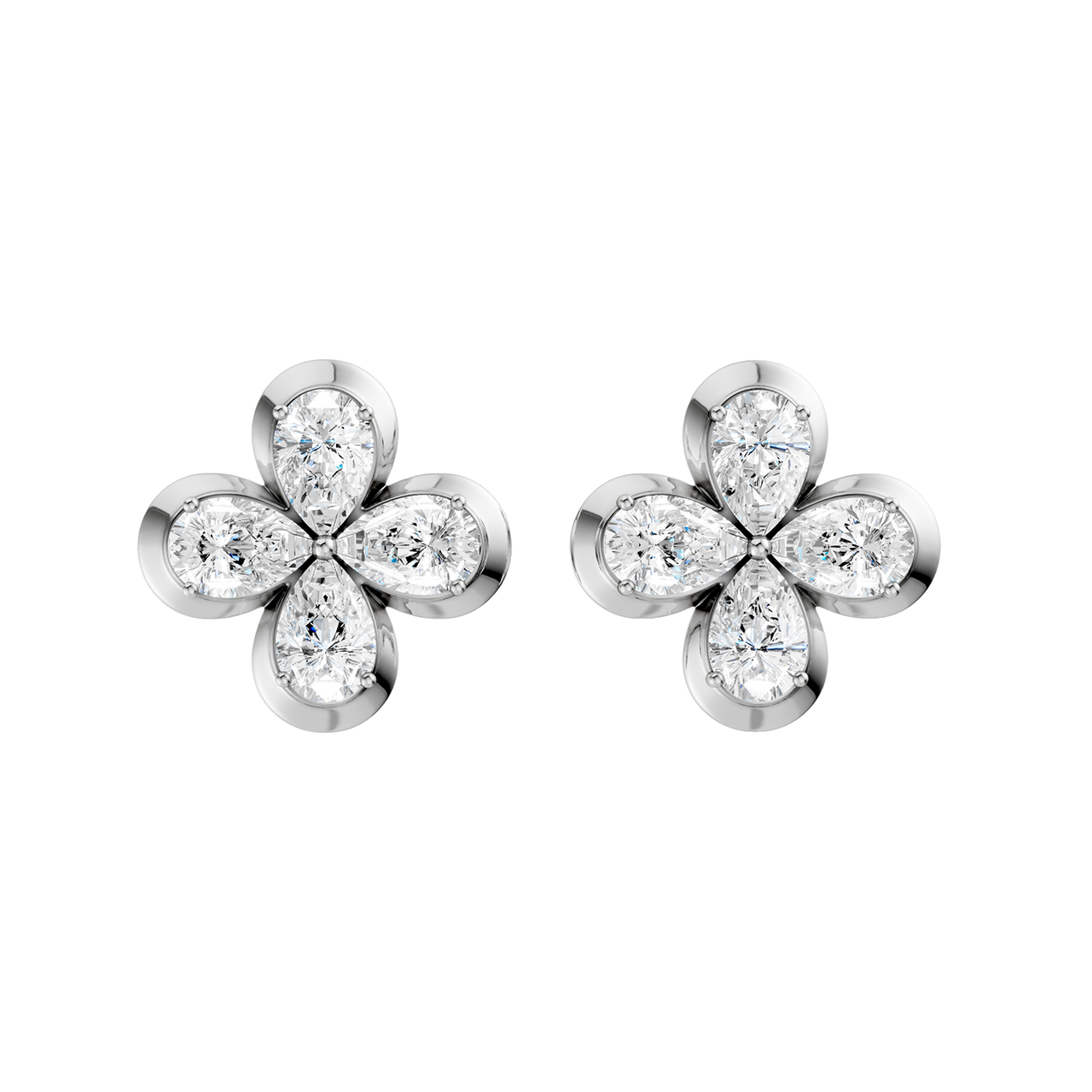 Front view of white gold floral diamond stud earrings featuring marquise-cut white diamonds arranged in a four-petal flower design with a classic prong-set center.