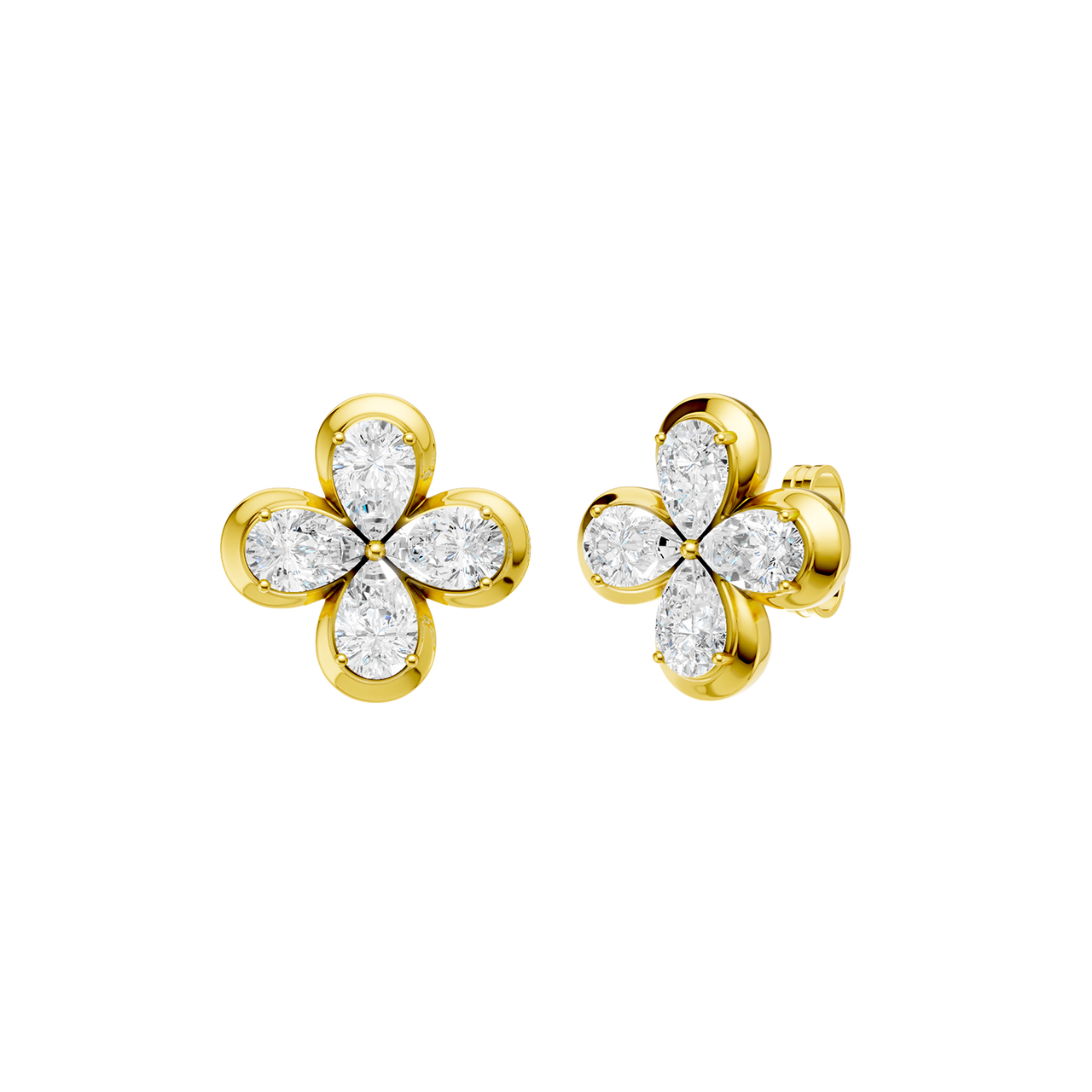 Angled view of yellow gold floral diamond stud earrings highlighting warm gold tones, dimensional flower detailing, and diamond sparkle.