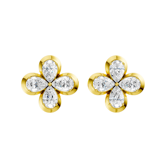 Front view of yellow gold floral diamond stud earrings featuring marquise-cut white diamonds arranged in a four-petal flower design with a classic prong-set center.