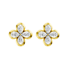 Front view of yellow gold floral diamond stud earrings featuring marquise-cut white diamonds arranged in a four-petal flower design with a classic prong-set center.