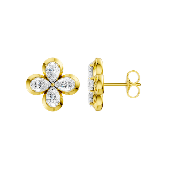 Side profile of yellow gold floral diamond stud earrings showcasing the raised prong setting, secure post, and prong-back construction, and polished gold finish.