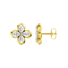 Side profile of yellow gold floral diamond stud earrings showcasing the raised prong setting, secure post, and prong-back construction, and polished gold finish.