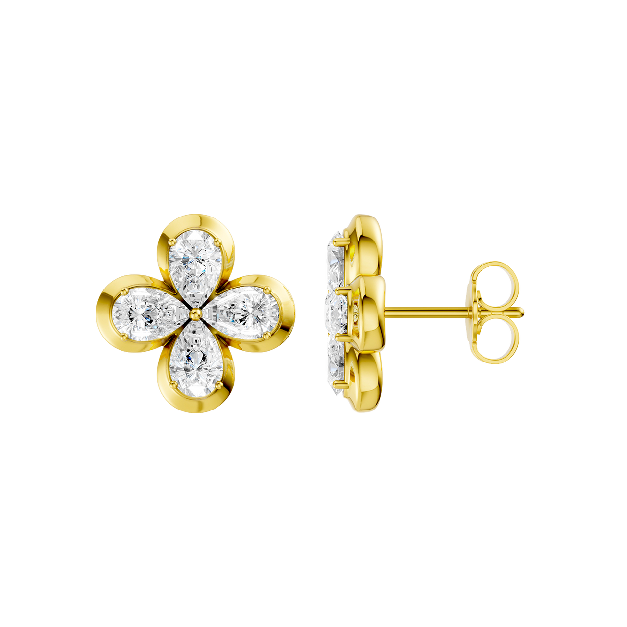 Side profile of yellow gold floral diamond stud earrings showcasing the raised prong setting, secure post, and prong-back construction, and polished gold finish.
