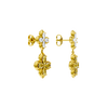 A pair of gold drop earrings from the Signature Collection, showing the white and yellow diamond flower design from a three-quarter angle.