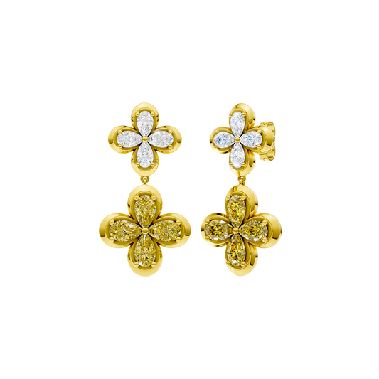 Front and side view of gold drop earrings featuring a white diamond flower top and a  yellow diamond flower drop.