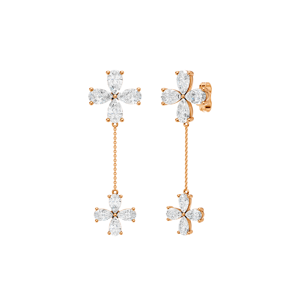 Angled view of rose gold floral diamond drop earrings highlighting warm gold tones, dimensional flower detailing, and diamond sparkle.