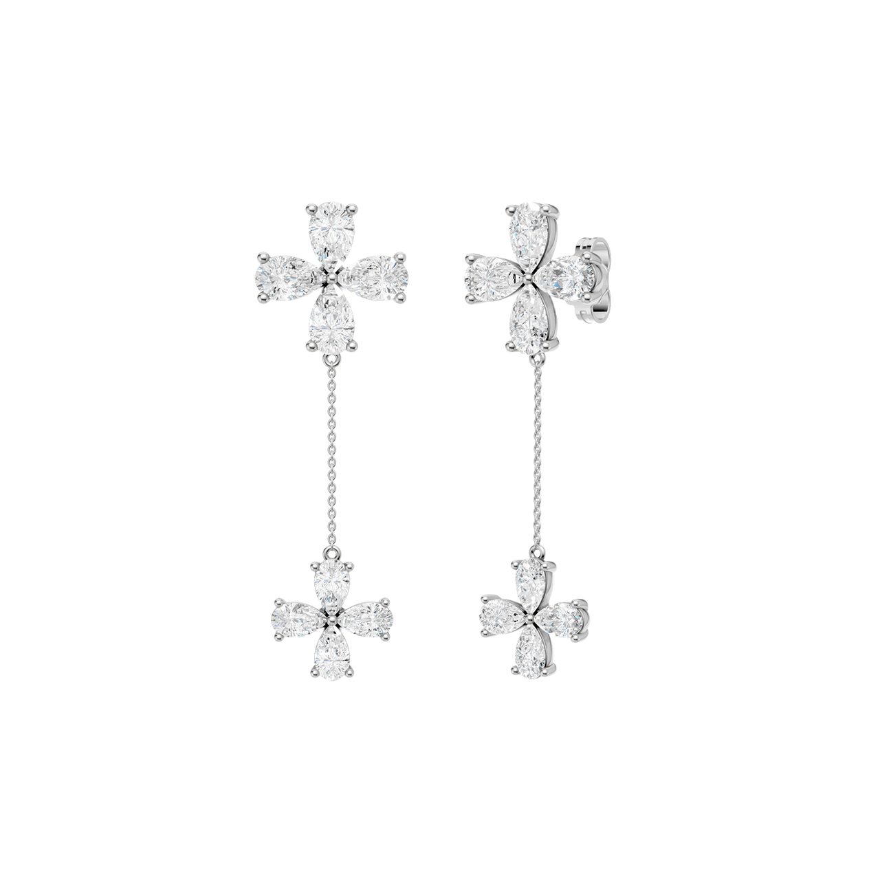 Angled view of white gold floral diamond drop earrings highlighting the dimensional flower design, articulated movement, and diamond brilliance.