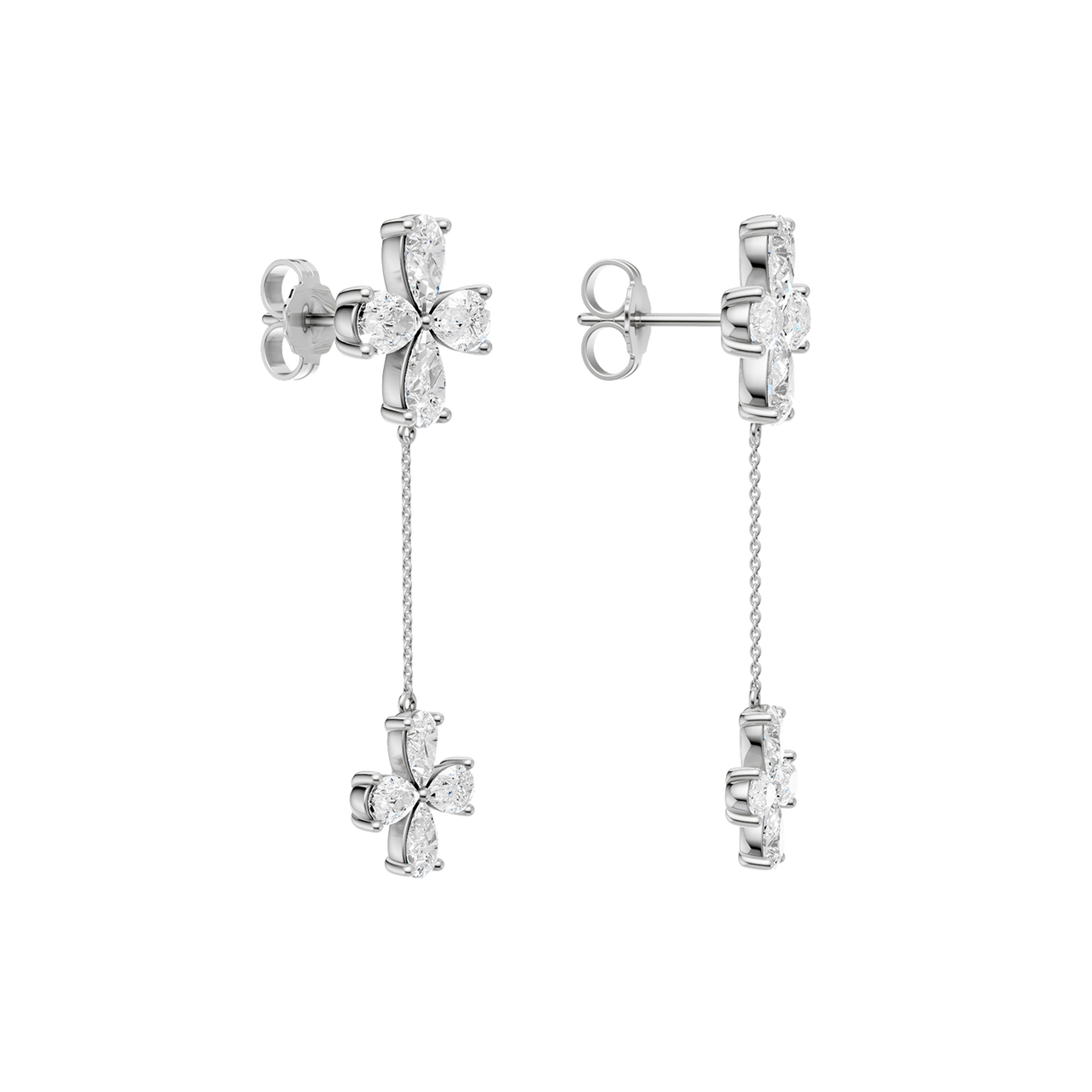 Back view of white gold floral diamond drop earrings displaying polished metal backs, chain detailing, and refined construction.