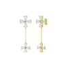 Angled view of yellow gold floral diamond drop earrings highlighting warm gold tones, dimensional flower detailing, and diamond sparkle.