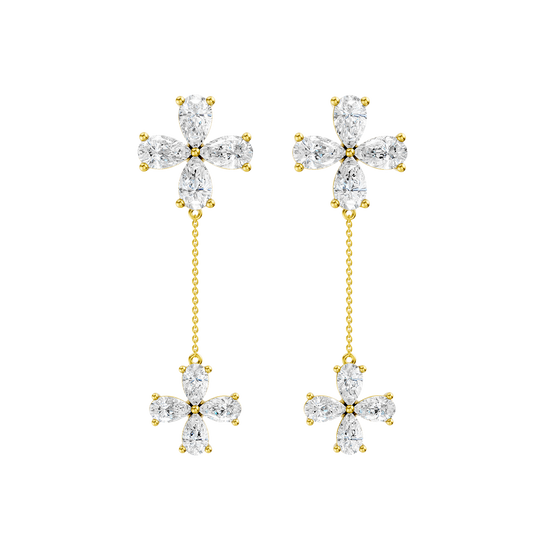 Front view of yellow gold floral drop diamond earrings featuring marquise-cut white diamonds arranged in flower designs with a delicate gold chain drop.