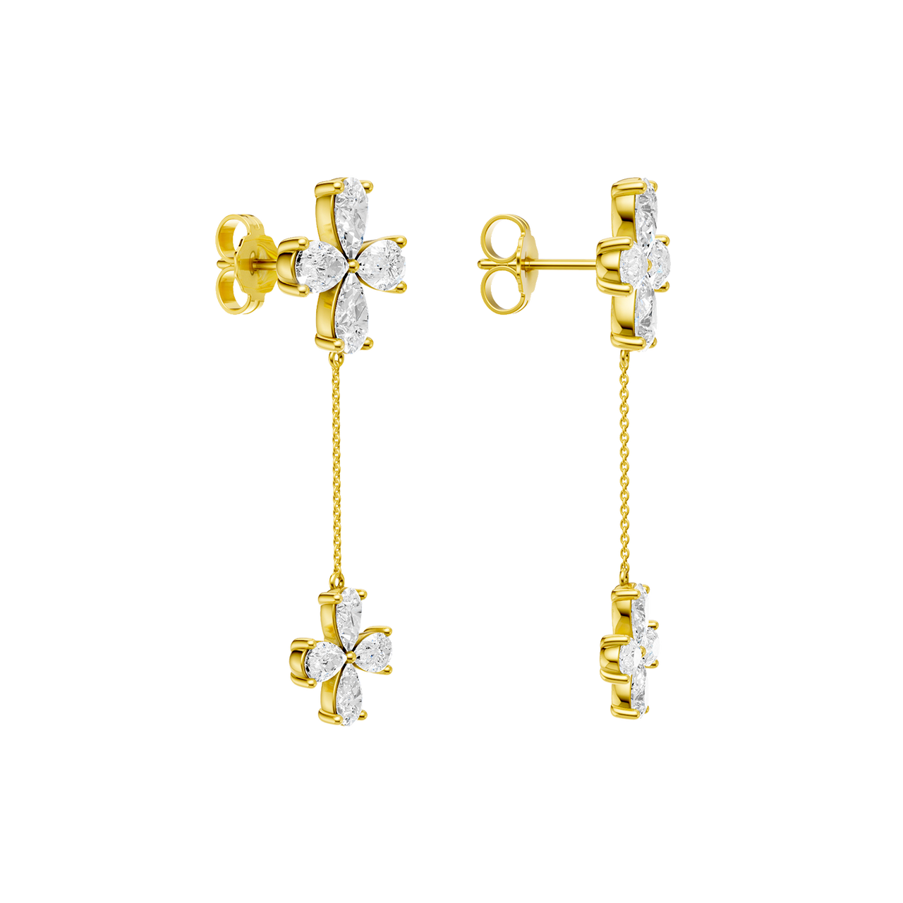 Back view of yellow gold floral diamond drop earrings displaying polished gold backs, chain movement, and clean construction.