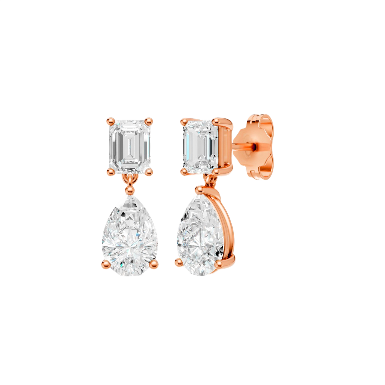 High-polish 14k rose gold drop earrings by Amorati featuring a mismatched emerald-cut and pear-cut lab-grown diamond for a modern look.