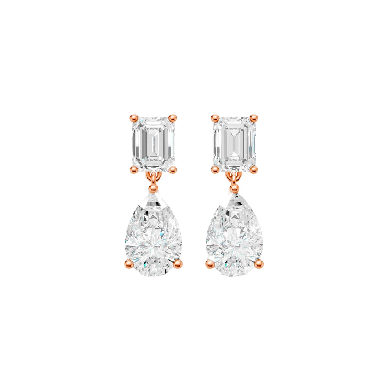High-polish 14k rose gold drop earrings by Amorati featuring a mismatched emerald-cut and pear-cut lab-grown diamond for a modern look.