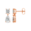 High-polish 14k rose gold drop earrings by Amorati featuring a mismatched emerald-cut and pear-cut lab-grown diamond for a modern look.