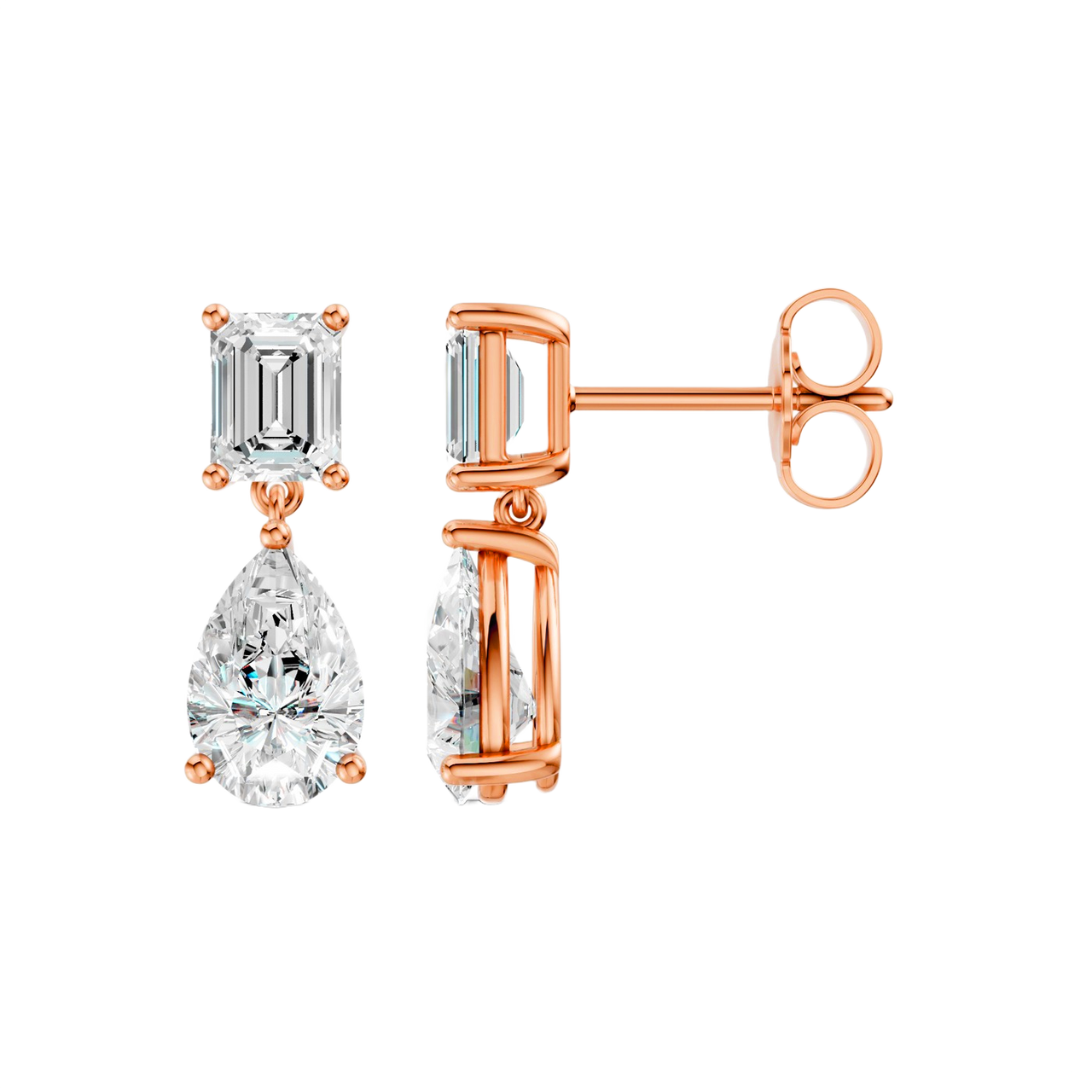 High-polish 14k rose gold drop earrings by Amorati featuring a mismatched emerald-cut and pear-cut lab-grown diamond for a modern look.