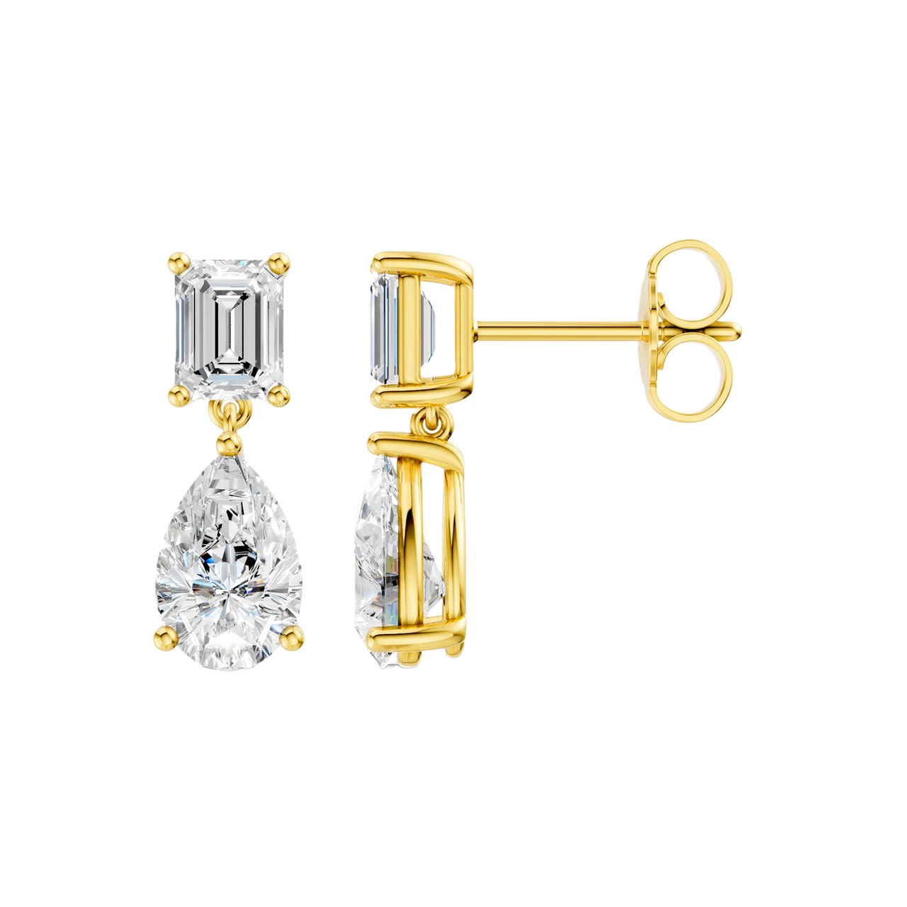 High-polish 14k yellow gold drop earrings by Amorati featuring a mismatched emerald-cut and pear-cut lab-grown diamond for a modern look.