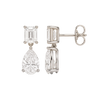 High-polish 14k white gold drop earrings by Amorati featuring a mismatched emerald-cut and pear-cut lab-grown diamond for a modern look.
