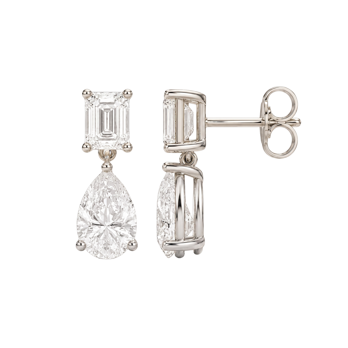 High-polish 14k white gold drop earrings by Amorati featuring a mismatched emerald-cut and pear-cut lab-grown diamond for a modern look.