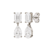 High-polish 14k white gold drop earrings by Amorati featuring a mismatched emerald-cut and pear-cut lab-grown diamond for a modern look.