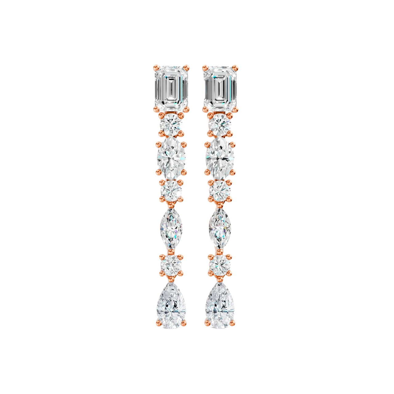 High-polish 14k rose gold drop earrings by Amorati featuring a vertical dangle of emerald, marquise, oval, pear, and round-cut lab-grown diamonds.