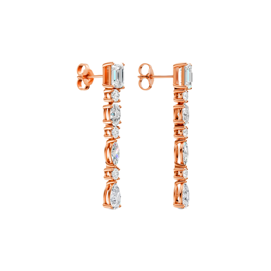 High-polish 14k rose gold drop earrings by Amorati featuring a vertical dangle of emerald, marquise, oval, pear, and round-cut lab-grown diamonds.