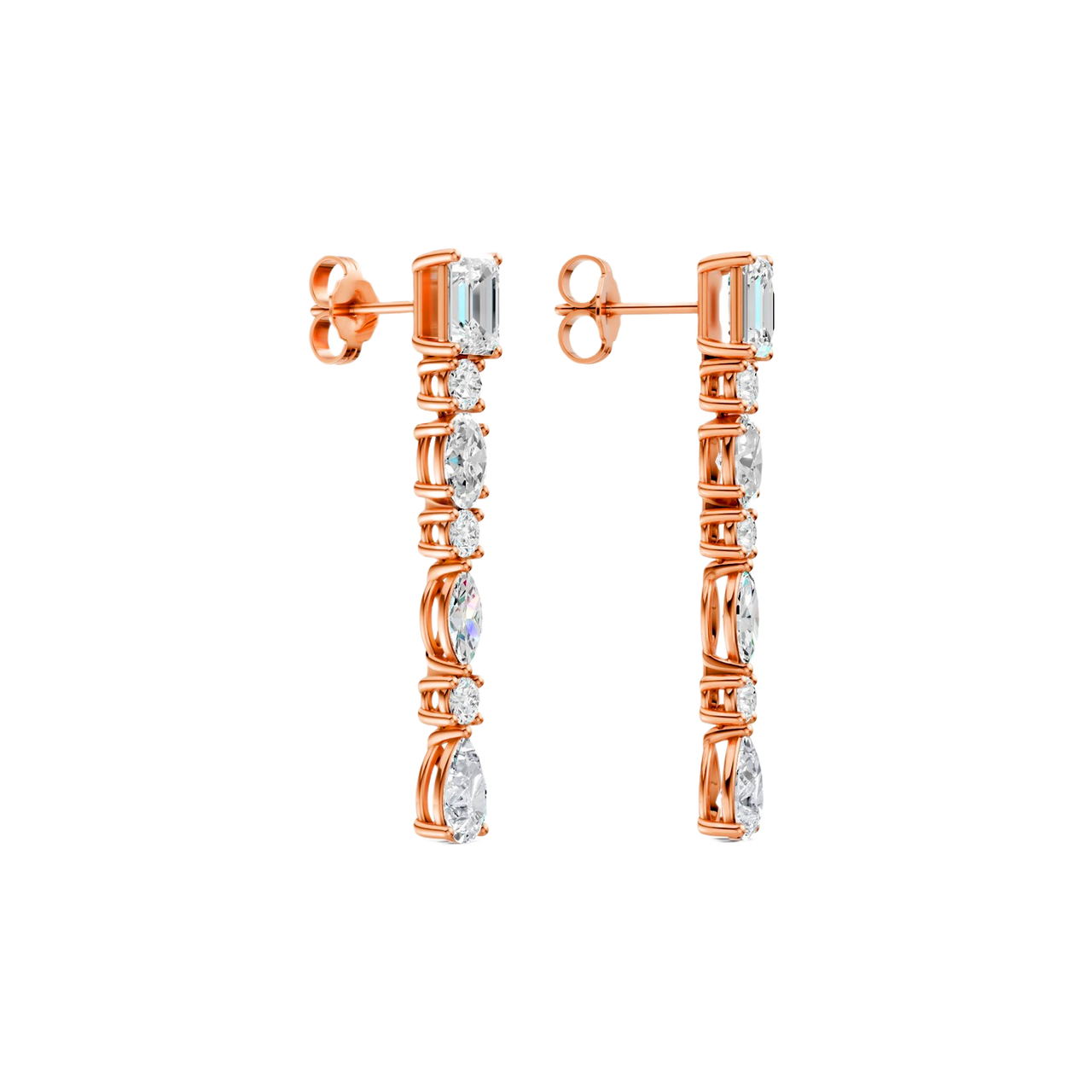 High-polish 14k rose gold drop earrings by Amorati featuring a vertical dangle of emerald, marquise, oval, pear, and round-cut lab-grown diamonds.