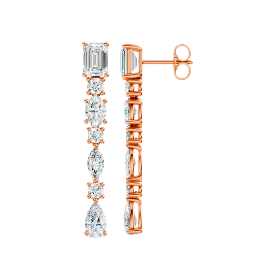 High-polish 14k rose gold drop earrings by Amorati featuring a vertical dangle of emerald, marquise, oval, pear, and round-cut lab-grown diamonds.